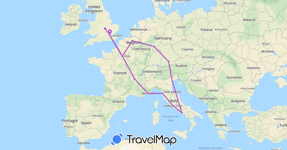 TravelMap itinerary: driving, train in Belgium, Germany, France, United Kingdom, Italy, Monaco (Europe)
